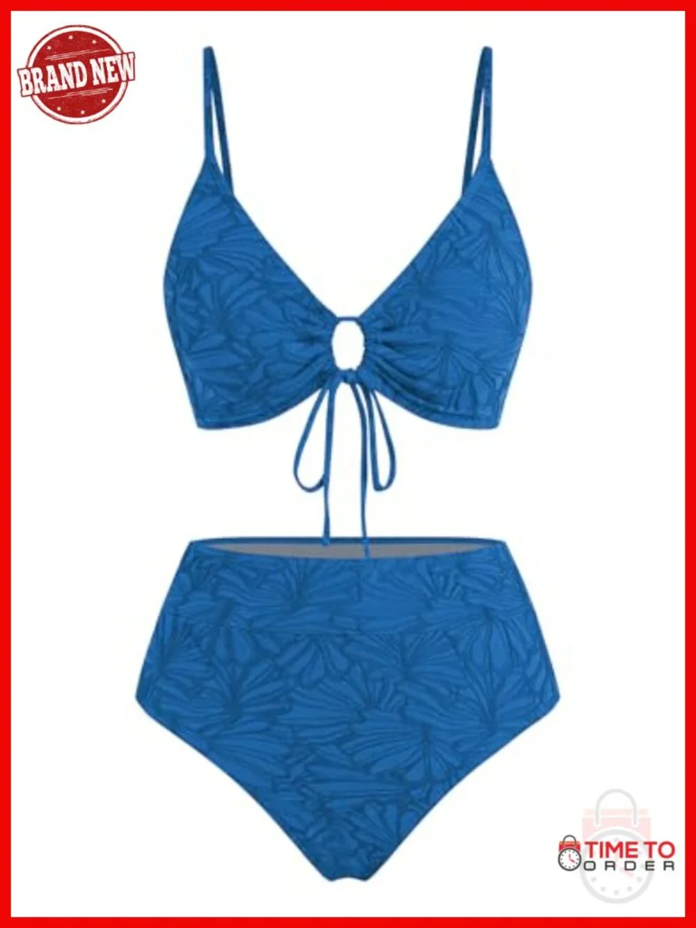 2 Piece High Waisted V Neck Cut Out Bikini Set Floral Textured Swimwear